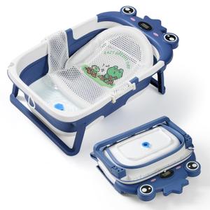 Baby Bathtub,Collapsible Baby Bath Tub with Soft Cushion & Thermometer, Space Saving Foldable & Travel Newborn Bathtub for Infant to Toddler 0-36 Months, Frog Blue