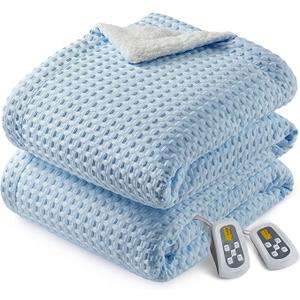 CAROMIO Heated Blanket King Size with LCD Dual Controller, Waffle Weave Fast Heating Electric Blankets, 10 Heat Levels & 1-12H Time Settings, ETL Certified, Machine Washable, Light Blue, 100" x 90"