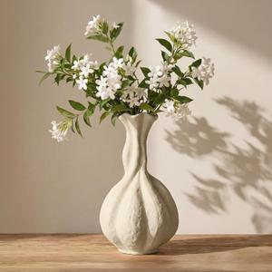 DOWAN Ceramic Flower Vase, 10" Decorative Pampas Vase for Home Decor, Modern Farmhouse Pottery Vase for Living Room Table Kitchen Bedroom Coffee Desk Entryway Mantel Book Shelf, Soft White