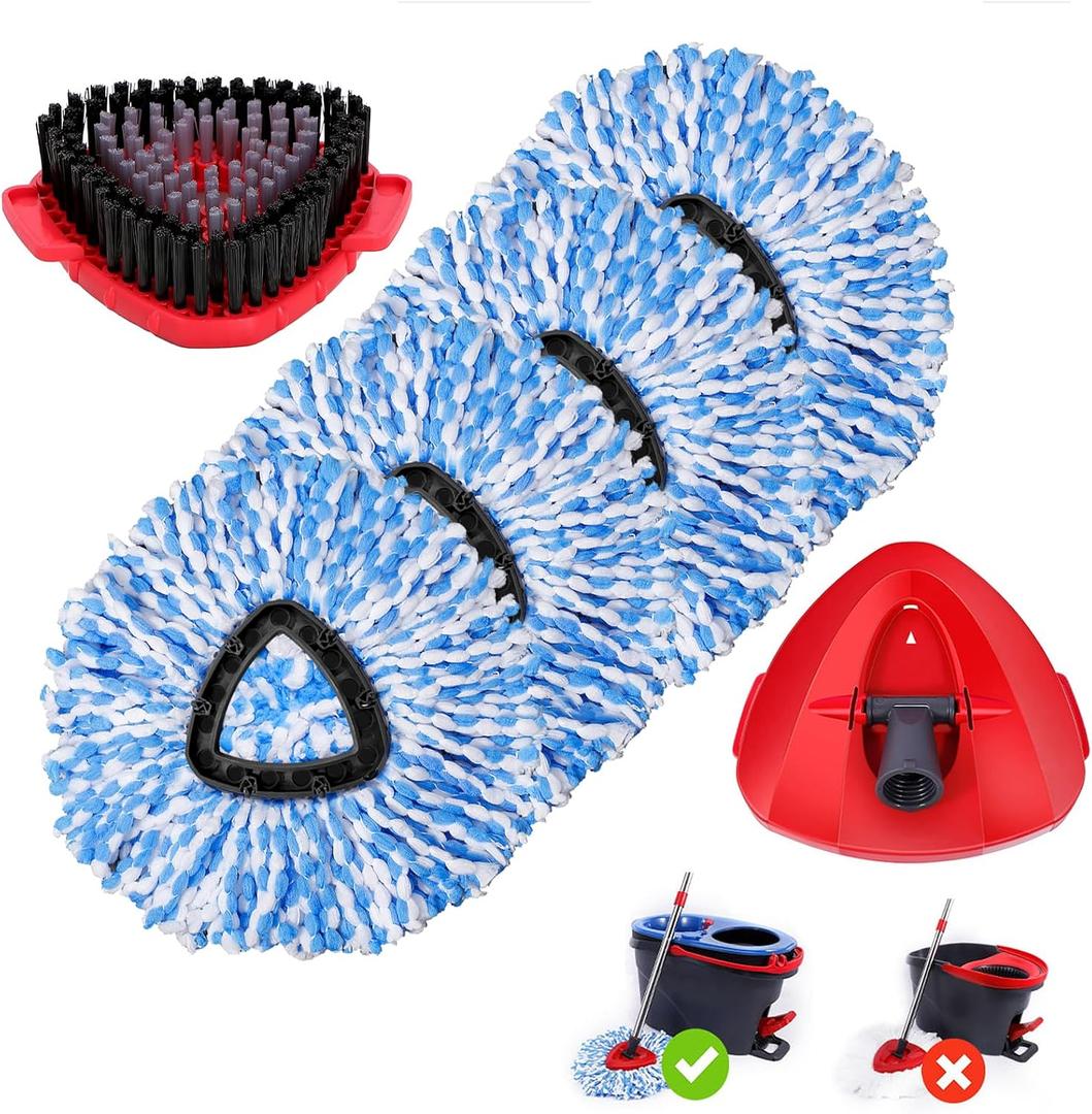 Spin Mop Refills Compatible with OCedar RinseClean 2-Tank System - 6-Piece Set Includes 4 Washable Microfiber Replacement Heads, 1 Base & 1 Small Gray Full Cleaning Brush - Floor Cleaning Accessories