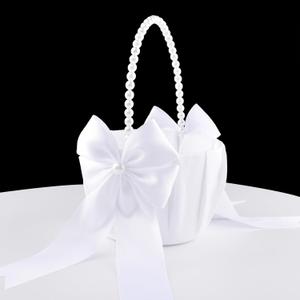 Wedding Flower Girl Basket, Pearl Handle Cute Flower Basket for Flower Girl, White