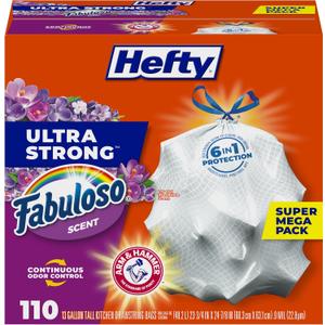 Hefty Ultra Strong 13 Gallon Trash Bags, Tall Kitchen Trash Bags 13 Gallon Size, Resist Leaks, Punctures, and Rips, Continuous Odor Control, White, Fabuloso Scent, 110 Bags