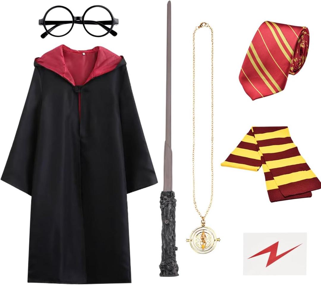 Cosplay Costume Complete Props Accessories Gifts for Birthday Party Magic Wand Eyeglass Frame Knit Scarf Tie Necklace Set for 10-12 Years Old