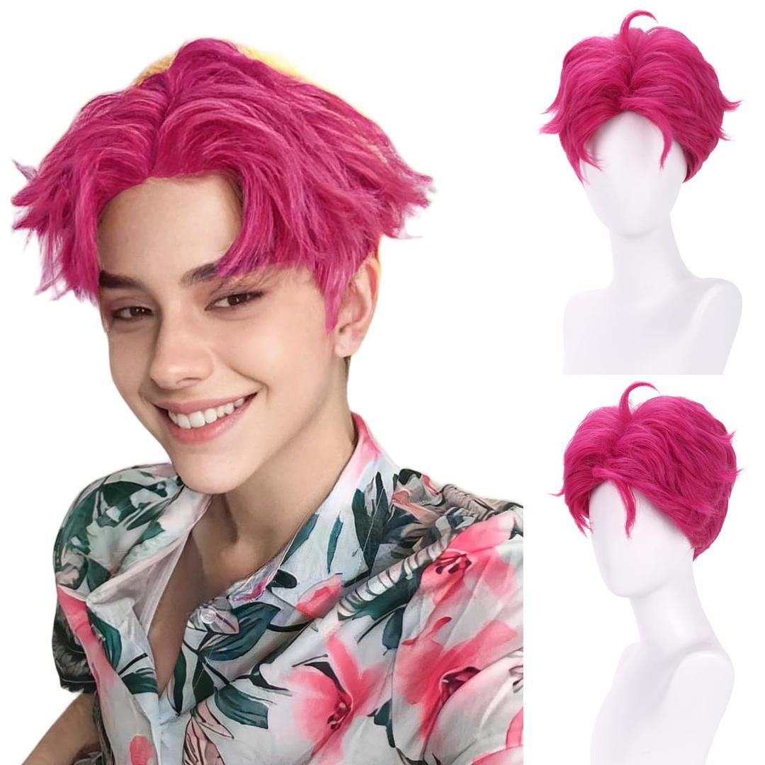 MAGQOO Boy Hot Pink Wig Men Short Straight Fluffy Hot Pink Wig Cartoon Movie Halloween Cosplay Costume Animie Wigs