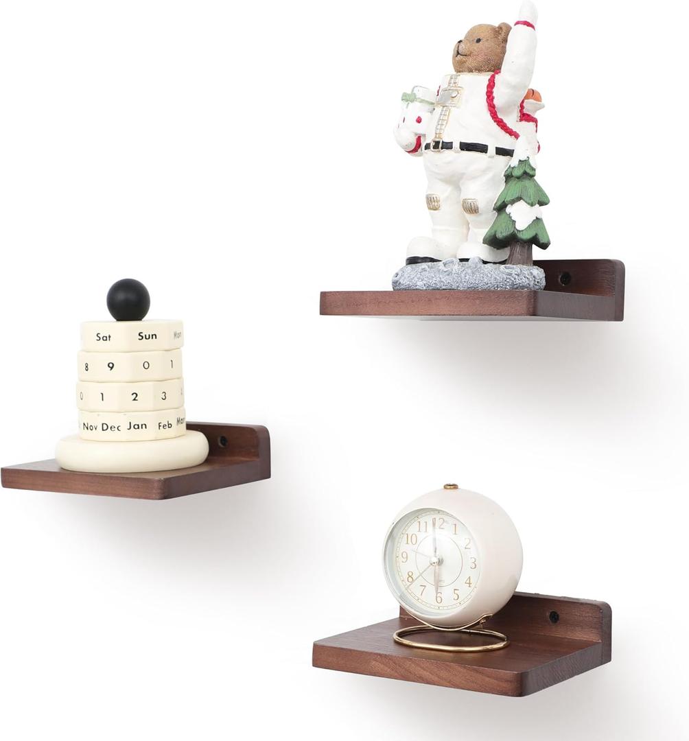 Small Floating Shelf, 5x6 Inch Display Ledges for Wall,Mini Shelves,Rustic Wood Shelf for Bedroom Living Room Bathroom Kitchen (3, Light Walnut)