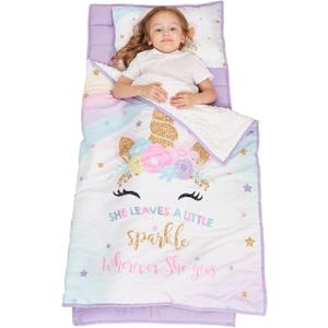 Extra Large Kids Sleeping Bag, Toddler Nap Mat with Pillow & Blanket, Soft Sleeping Mat for Daycare and Preschool (Unicorn 53"x21")