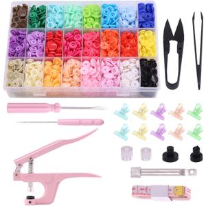 Mardatt 405 Pcs T5 Snaps Buttons with Snaps Pliers Set 24 Colors Round Plastic No-Sew Buttons and Fastener Hand Tool Setter with Clips for Sewing Clothes, Rain Coat Crafting and Other DIY (Pink)