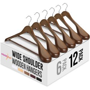 HOUSE DAY Wide Shoulder Wooden Hangers 12 Pack, Wood Suit Hangers for Men with Non Slip Pants Bar, Smooth Finish Solid Wood Coat Hanger for Jacket, Pants, Dress, Heavy Clothes Hanger (Walnut)