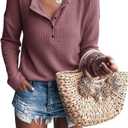 Womens Henley Shirts V Neck Long Sleeve Button Down Tops Warm Waffle Knit Tees (Pink)