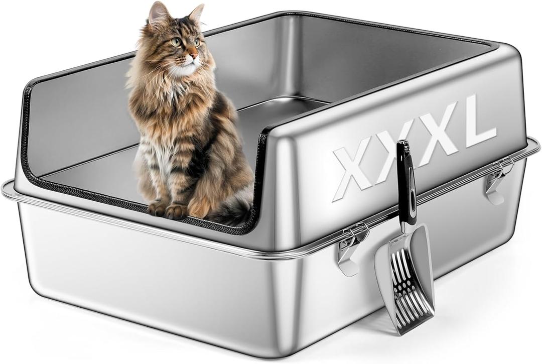 XXXL Stainless Steel Cat Litter Box, 28" L x 19.7" W x 12" H Extra Large Semi Enclosed Removable Metal Litter Tray with High Sided Enclosure, Scoop, Anti-Leakage, Non-Sticky, Easy Cleaning