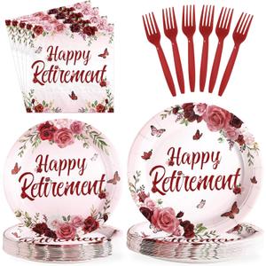 96Pcs Burgundy Retirement Party Decorations Burgundy Rose Floral Happy Retirement Plates and Napkins Tableware Set Flower Butterfly Retired Decoration for Women Goodbye Party Supplies Serves 24