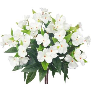 2 Pcs Artificial Impatiens Flowers for Outdoors Silk Flower Outside UV Resistant Fake Flowers Plants Bushes White Faux Impatiens for Outdoor Planters Front Porch Patio Garden Balcony Decor