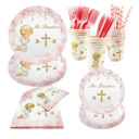 112 PCS Baptism Plates Napkins Cups Decoration for Girl Mi Bautizo Baby Shower First Holy Communion Disposable Party Tableware Newborn Christening God Bless Party Supplies Favors for 16 Guests