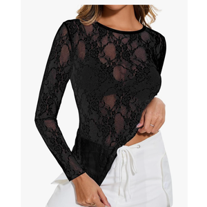 AKEWEI Womens Mesh Long Sleeve Tops Crew Neck Sexy See Through Tee Shirts Party Club Night Lace Blouse XL