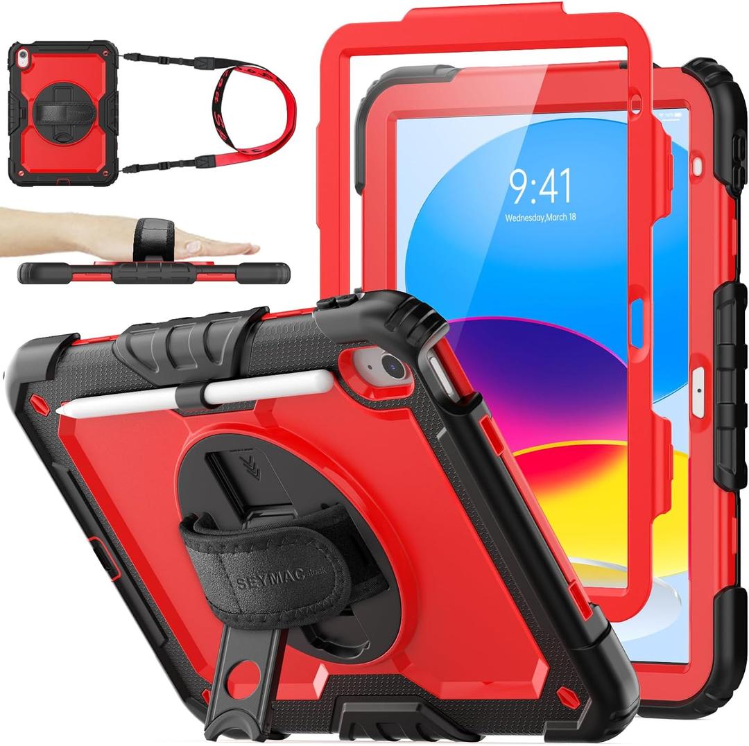 SEYMAC stock Case for iPad (A16) 11th/10th Generation 11''/10.9'' 2025/2022, Full-Body Drop Protection Case with Screen Protector &360 Rotate Hand Strap/Stand, Red+SiliconeBlack