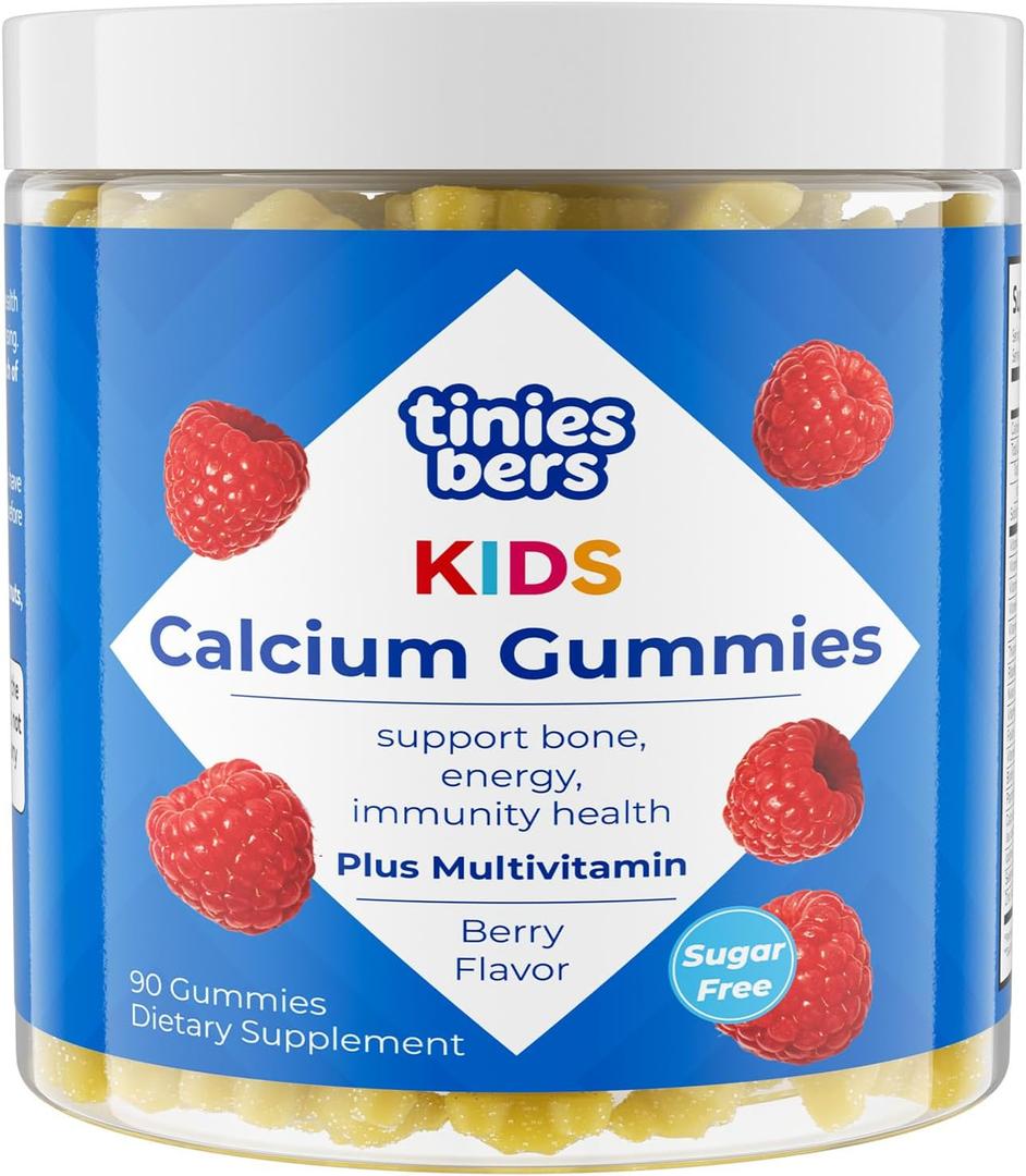 Tinies bers Calcium Glycinate Gummies for Kids, 200mg Calcium with Multivitamins, Methyl B12, Support Daily Growth, Energy, Vegan, Pectin, Berry, Sugar Free, 90