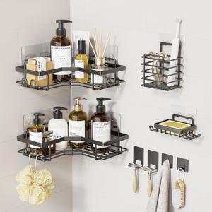 Corner Shower Caddy Adhesive8 Pack Shower Organizer Corner with Soap Holder and Toothbrush holder, Bathroom Shelves Rack Rustproof Stainless Steel, Large Capacity, No Drilling Shelves for Storage