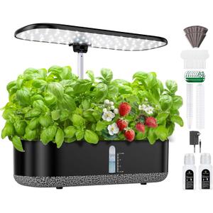 Hydroponics Growing System with LED Grow Light, 14 Pods Indoor Herb Garden Full Spectrum Rotatable Light Panel, Auto On Off Timing 12 14 16Hrs, 5L Water Tank, Harvest Fresh Basil Tomato (Black)