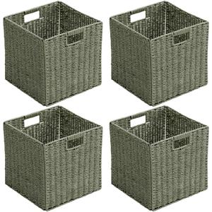 Handwoven Paper Woven Cube Basket Organizer with Handles set of 4 Foldable Storage baskets for Bedroom Living Room Cubby Storage Units for Clothes Books Toys (Green, 13" L x 13" W x 13" H)