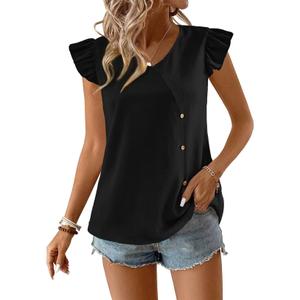 Falechay Plus Size Tops For Women Womens Blouses Casual Summer Cute Blouses Babydoll Boho Top Fashion Going Out Clothing Trendy Short Ruffle Butterfly Sleeves Flowy Peasant Button Shirt Black XL (Black, XL)