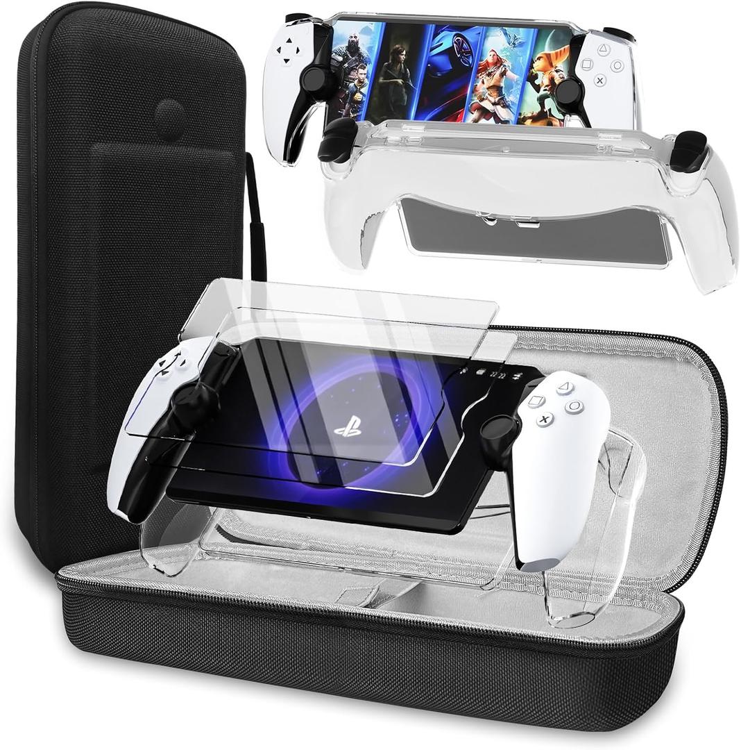 QUAGGY 3-in-1 Accessoris Kit Compatible with Playstation Portal, EVA Carrying Case for PS Portal with Clear Skin Protective Case, 2 Screen Protectors for PlayStation Portal,Protective Shell Portable Travel Handbag for PS5 Portal Remote Player [playstation_5] (transparent)