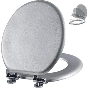Angol Shiold Glitter Toilet Seat Molded Wood Round Toilet Seat with Quietly Close and Quick Release Hinges, Easy to Clean also Easy to Install (Round 16.5'', Silver)