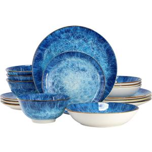Elama Oceanus 16 Piece Round Shape Porcelain Double Bowl Dinnerware Set, Tableware Set, Table Setting- Service for 4 (Blue)