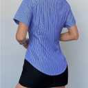 SweatyRocks Women's Striped Short Sleeve Button Down Shirts Business Work Fitted Collared Blouse (Blue, S)