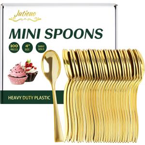 Mini Gold Spoons 4 Inch (100-Count) Disposable Small Plastic Dessert Spoons for Appetizers Tasting, Cocktail Hors D'oeuvres, Charcuterie Board, Wedding Reception
