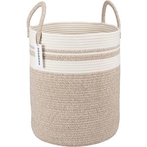 Cotton Rope Laundry Basket Hamper for Clothes Woven Storage Basket for Living Room Bedroom Boho Tall Rope Baskets for Blanket Toys Pillow Towels Baby Nursery Hamper Bin Large brown and white (Regular)