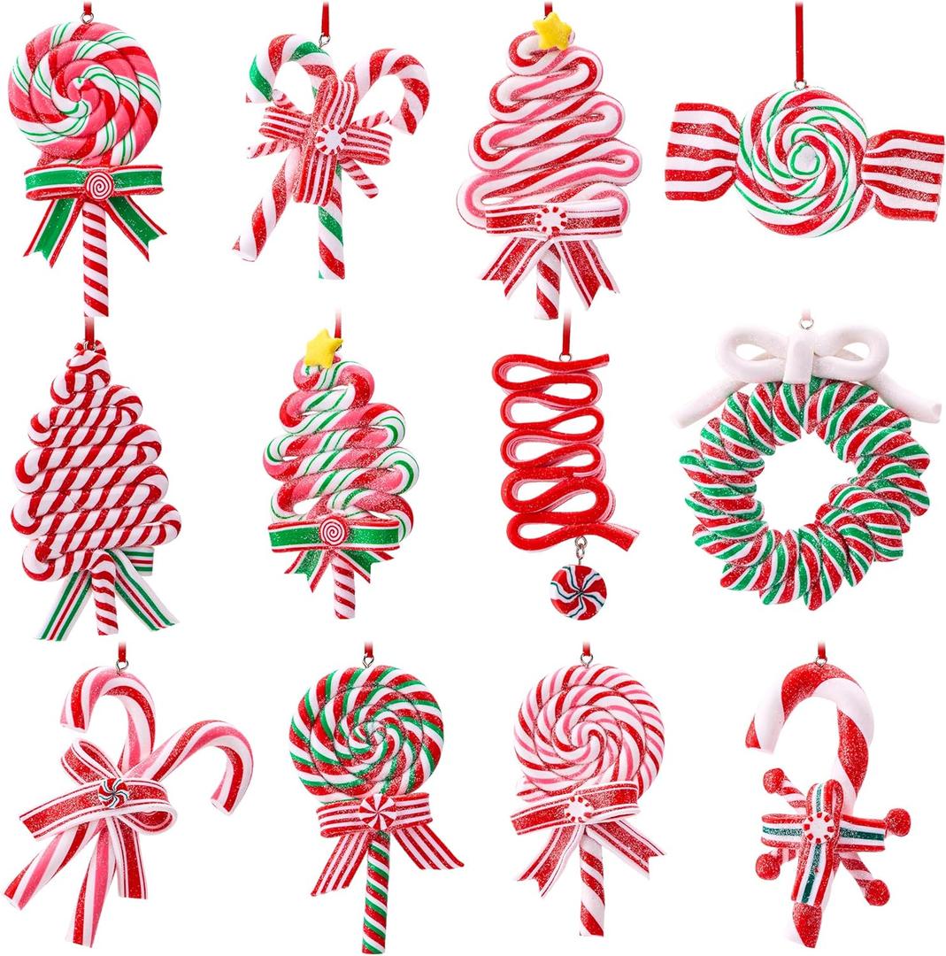 JOIEDOMI 12 Pcs Christmas Candy Cane Ornament with Wreaths, Lollipop, Christmas Trees and Candy Canes Designs Ornaments for Xmas Tree Decoration, Polymer Clay Ornaments for Party Favor