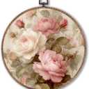 Vintage Pink Rose Round Wall Art Framed, Vintage Floral Wall Decor, Shabby Chic Pink Rose Hanging Canvas Prints Wall Sculptures for Cottagecore Home Living Room Bedroom Decor, 10x10 Inch