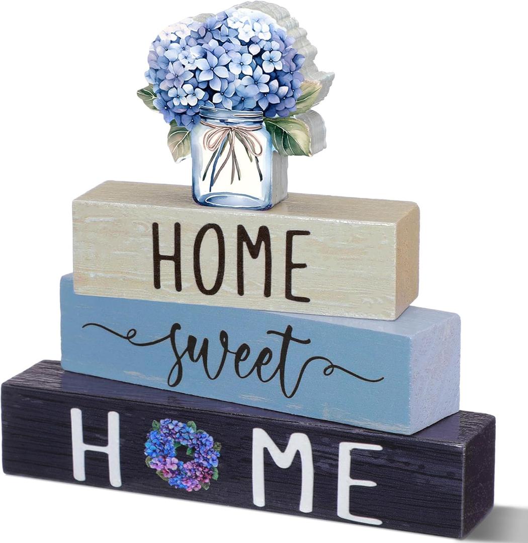 Cinnvoice 4 Pcs Farmhouse Wooden Tabletop Decor Blue Hydrangea Spring Rustic Tiered Tray Decor Home Sweet Home Table Centerpiece for Kitchen Decoration Gifts Fireplace Mantel Floating Shelf
