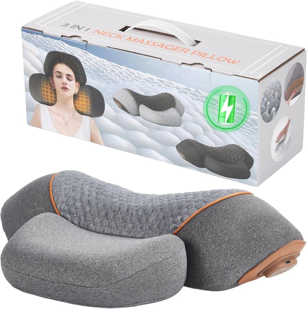 3-in-1 Rechargeable Neck Massager Pillow with Heating & Traction - Deep Tissue Pain Relief, Shoulder & Necks Hump Corrector for Men Women, Gifts for Family and Friends (Grey)