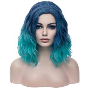 BERON Blue Ombre Womens Short Curly Wavy Wig 14" Synthetic Party Halloween Hair Wigs Wig Cap Included