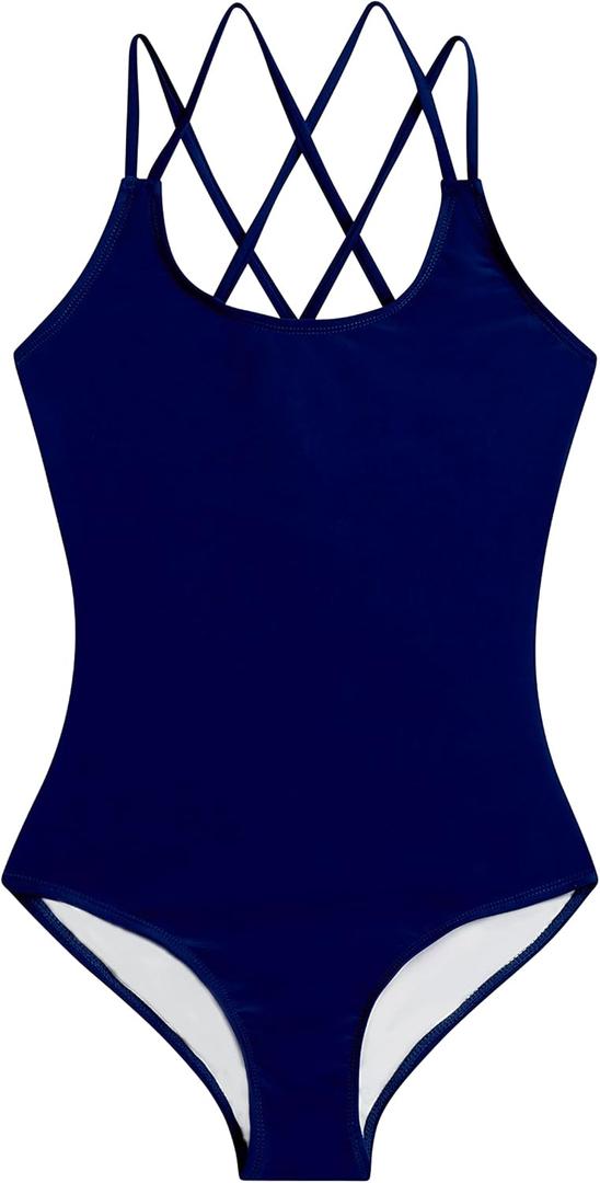 Kanu Surf Girls' Reese UPF 50 Beach Sport Criss-Cross One Piece Swimsuit (6, Solid Navy)