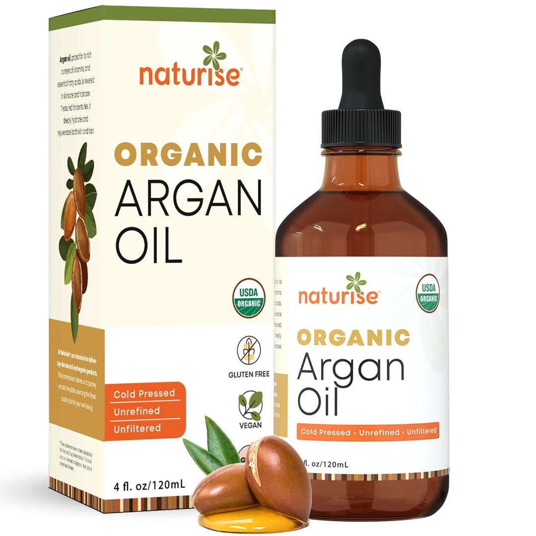 USDA Organic Argan Oil for Hair & Skin  100% Pure Argan Oil of Morocco for Face, Skin Moisture & Hair Growth  Vegan, Non-GMO, Cold Pressed & Unrefined Oils in Glass Bottle (4 fl. oz.)