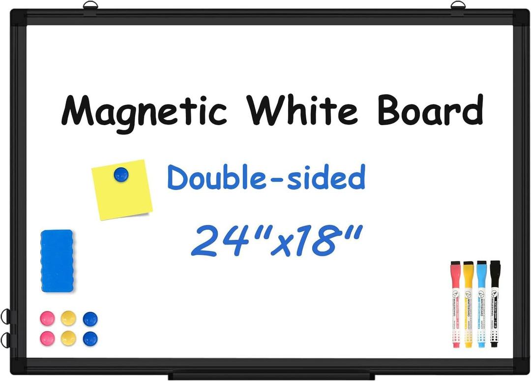 Double-Sided White Board Black Aluminium Frame, 24" x 18" Dry Erase Board Magnetic Whiteboard for Wall, Hanging Mounted Whiteboard Home, School, Office, Kitchen (24" x 18", Black)