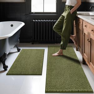 BSICPRO Bathroom Rugs Set 2 Piece-Chenille Bath Mats Non Slip-Thick Soft Absorbent Sage Bath Rug-Shower Floor Mat Machine Washable-Bathroom Decor Accessories (Olive Green, 20" x 47" Plus 20" x 32")