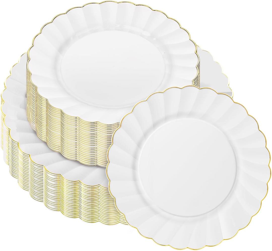 50 Pcs White Scalloped Plastic Plates with Gold Rim Disposable Fancy Decorative Elegant Party Plates 25pcs Heavy Duty Dinner Plate 10" 25pcs Dessert Plate 7.5" Perfect for Wedding Baby Shower