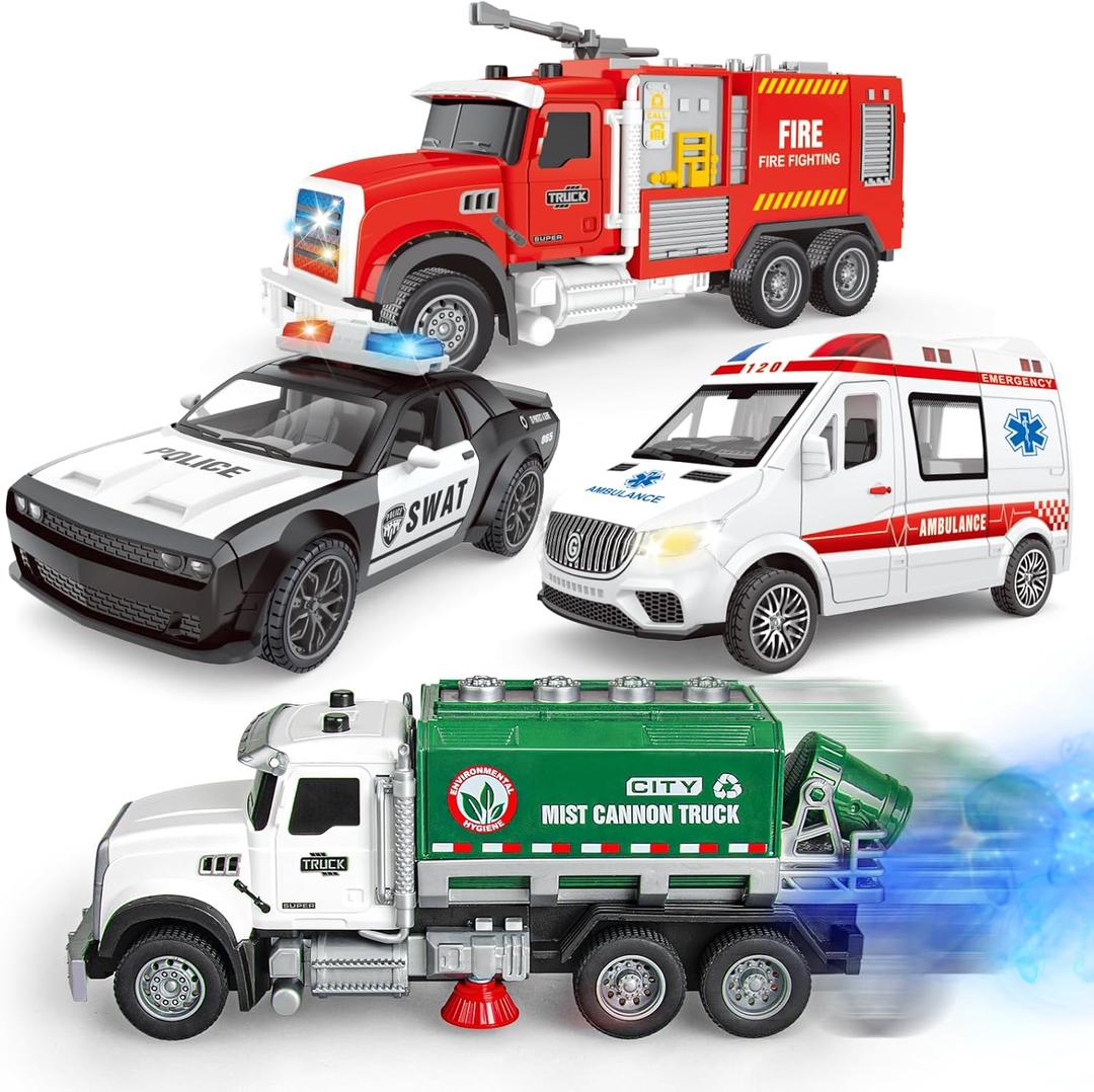 Yalujumb 4 Packs Emergency Vehicle Toy Playsets, Including Garbage Truck Play Police Car,Ambulance and Fire Truck with Spray,Lights & Sounds,Birthday Christmas Party Gifts Toys for Boys 3-5