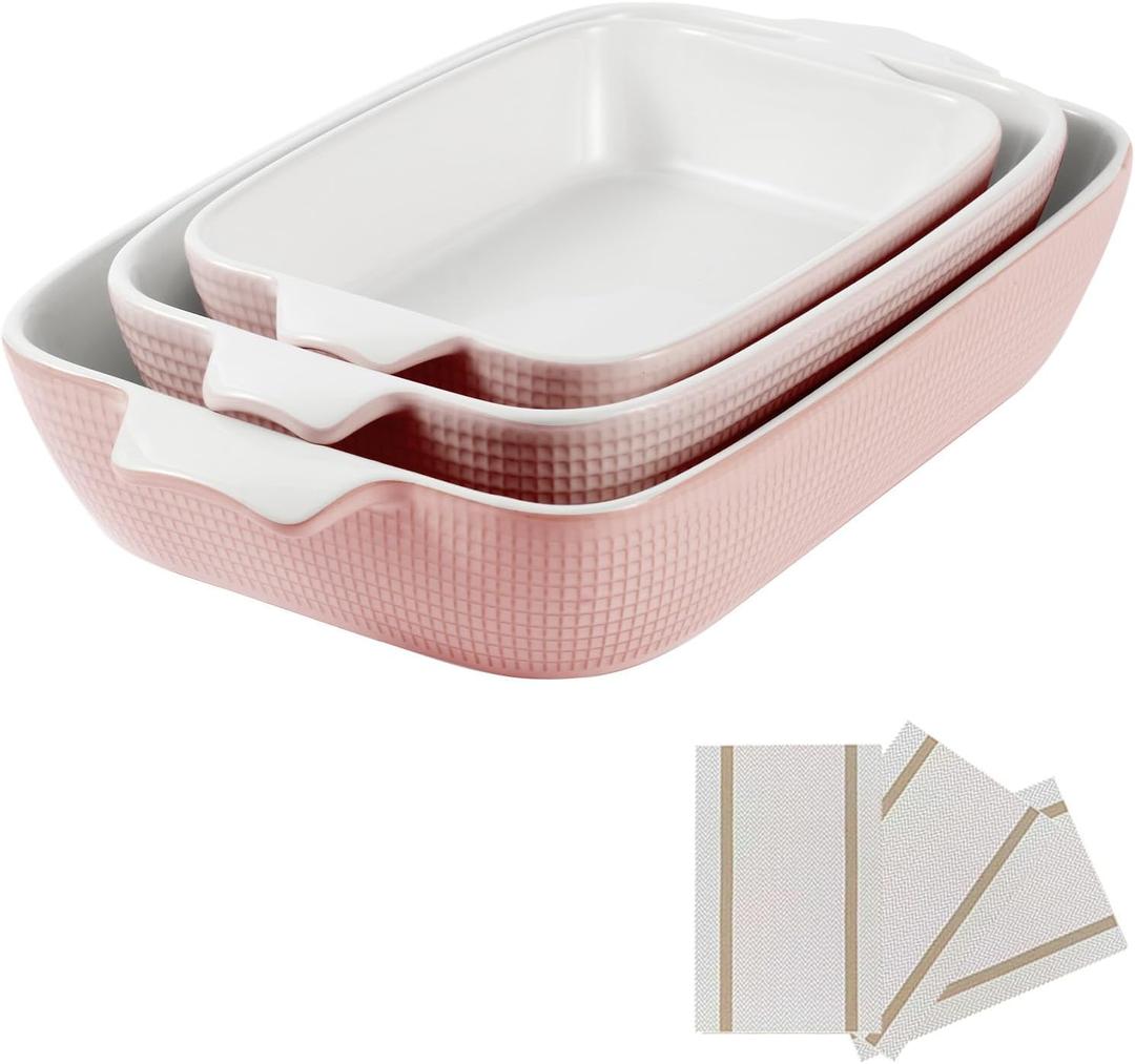 Ceramic Casserole Dishes Set of 3, Stoneware Baking Pans for Oven, Rectangular Lasagna Dish & Bakeware Set, Pink (14.7/12.4/10.3)