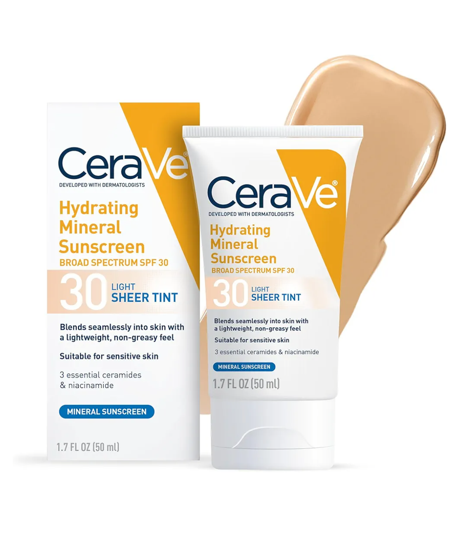 CeraVe Hydrating Mineral Sunscreen SPF 30 with Sheer Tint, Tinted Mineral Sunscreen with Zinc Oxide & Titanium Dioxide, Blends Seamlessly For Healthy Glow, Light, 1.7 Oz