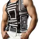 JOGAL Mens Boho Summer Tank Top Sleeveless Muscle Mesh Shirt Black White Small