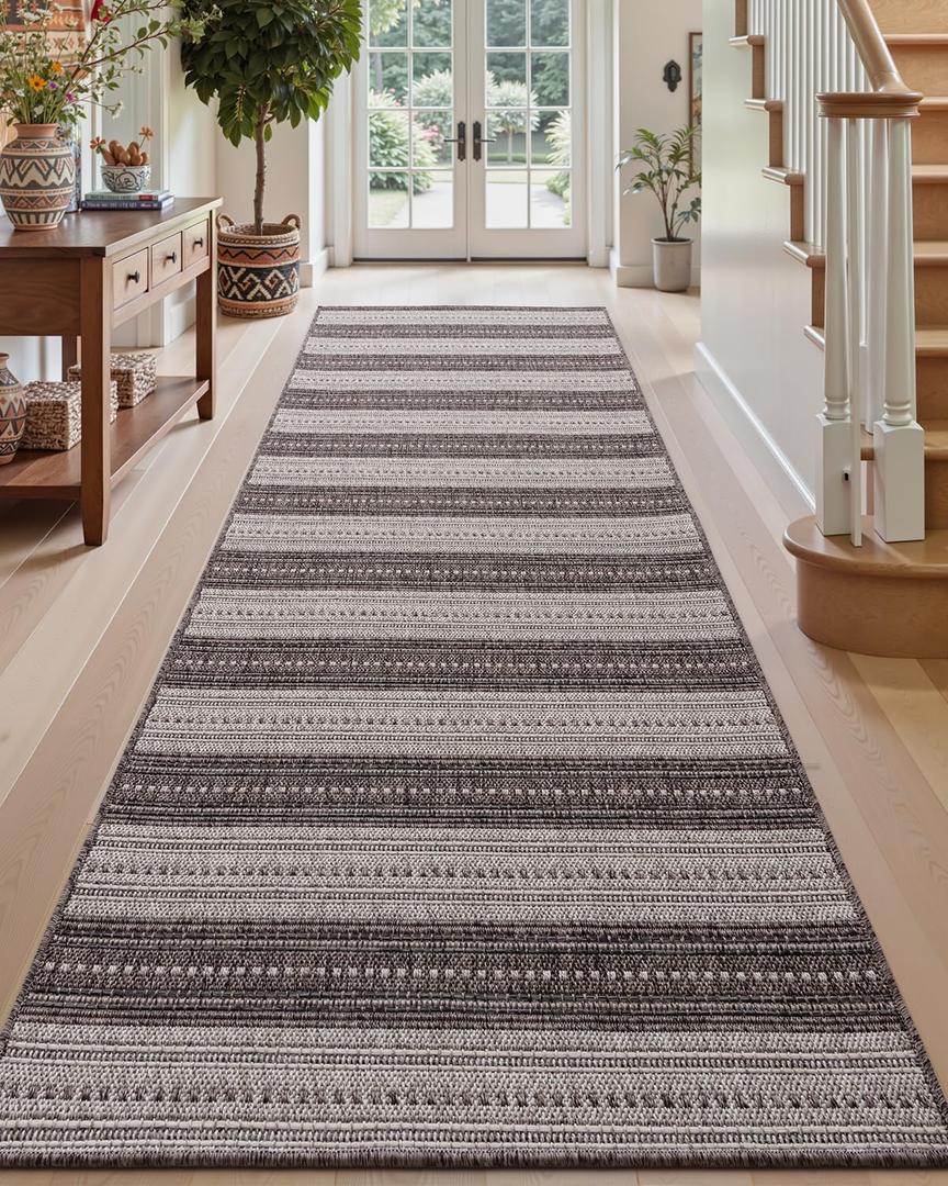 DEXI Hallway Runner Rug 3.3x12, Woven Braided Farmhouse Runner Carpet Indoor, Absorbent Thin Long Entryway Runners for Kitchen, Laundry Room, Patio Entrance, Striped Grey