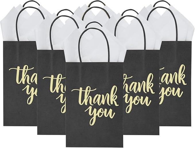 50 Pack Small Size Black Thank You Paper Gift Bags with Handles 9x5.5x3.15 Inch for Business Birthday Wedding Bridal Baby Shower Party Favors Goodies