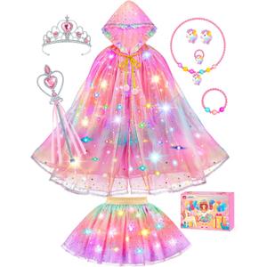 Princess Dress Up for Girls, Unicorn Light up Princess Cape Princess Dress Costume Crown Gift for Girls 3 4 5 6