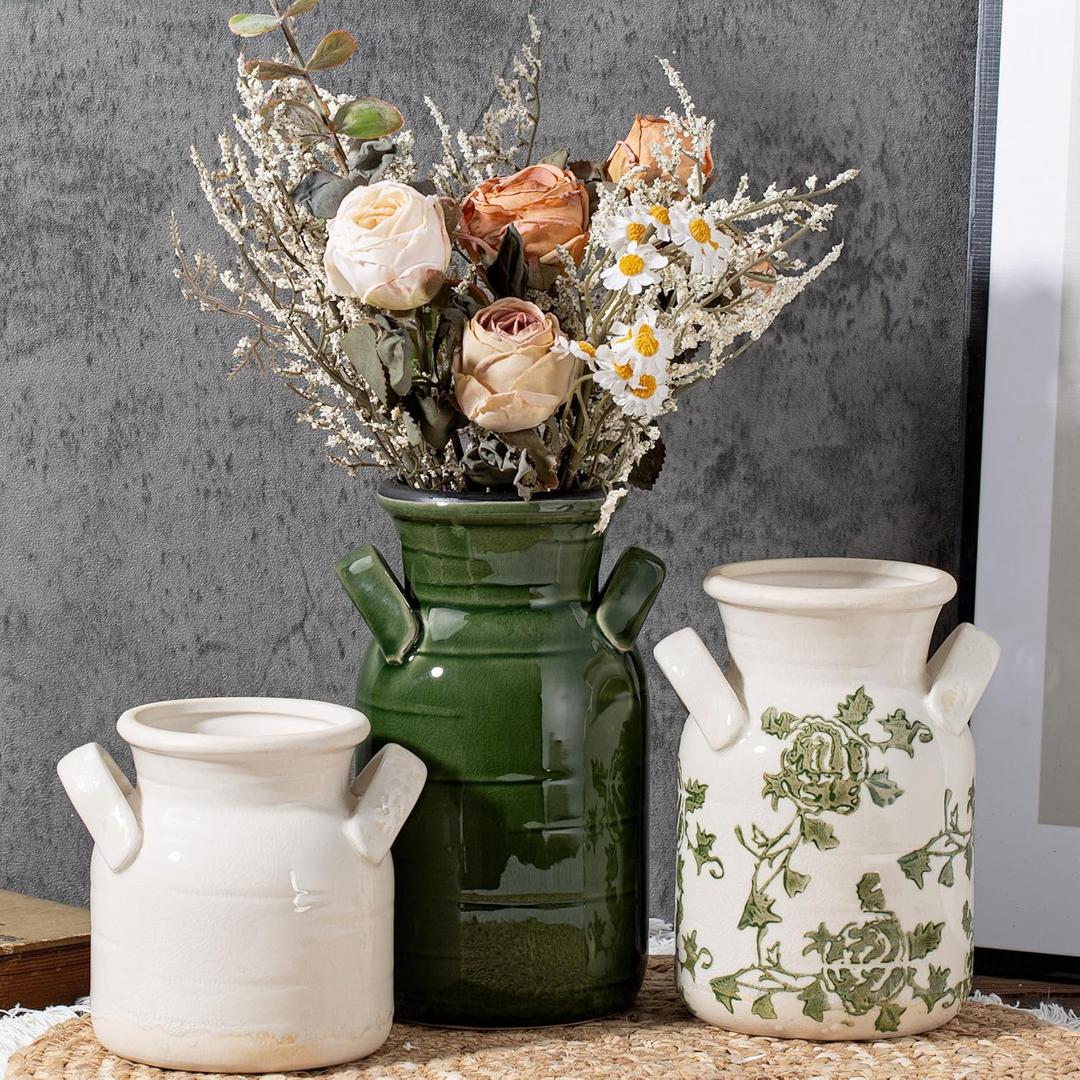 Ceramic Vase Set of 3 with Two Handles, Green White Neutral Rustic Modern Farmhouse Boho Decor, Versatile as Table Centerpiece or Mantel & Shelf Accent - Unique Home Gift Idea