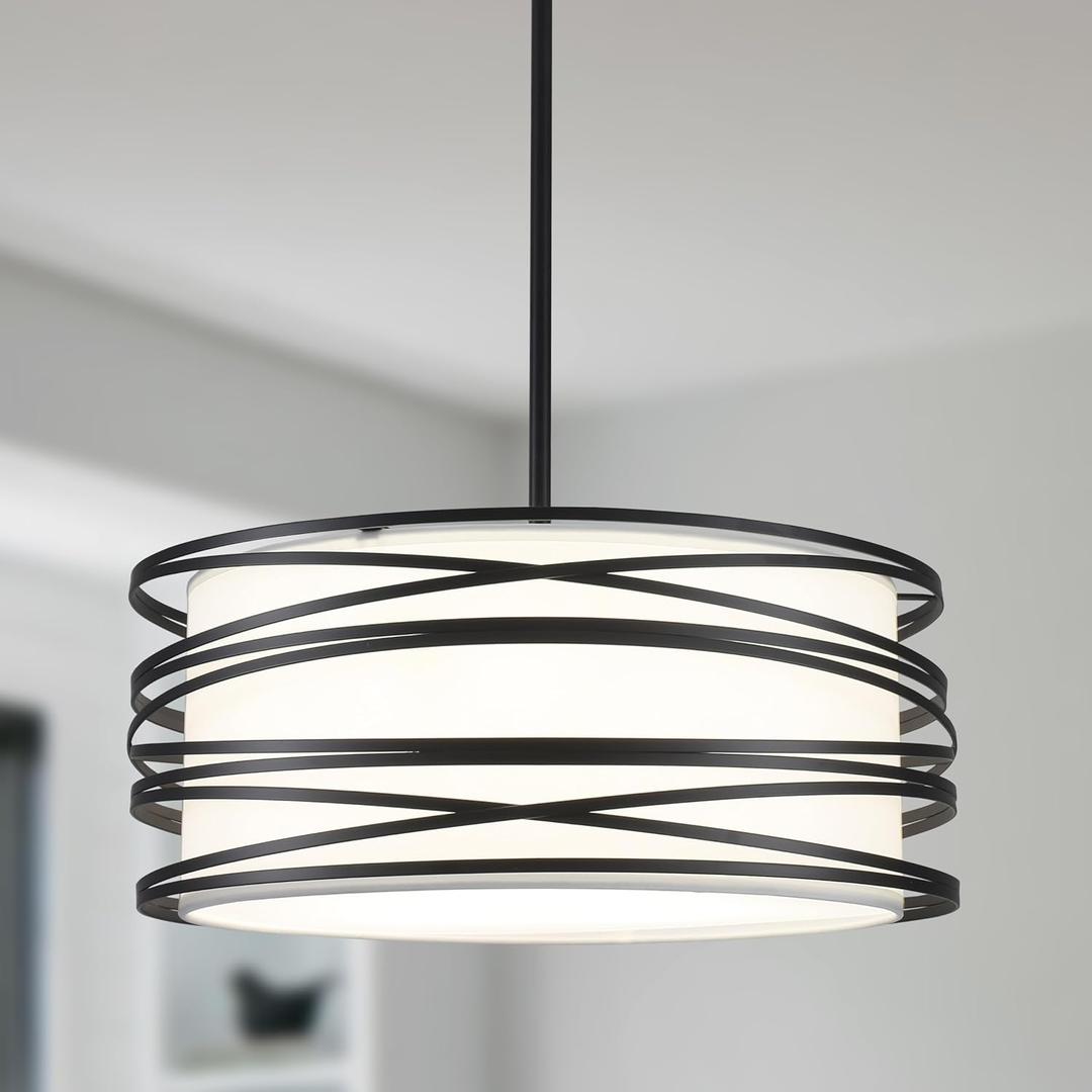 15.7'' Black Drum Chandelier for Dining Room Farmhouse Rustic Pendant Light 3-Light Modern Hanging Ceiling Light Fixture for Hallway Kitchen Island Bedroom