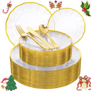 EI 150pcs Clear Plastic Plates with Gold Plastic Silverware,Disposable Plate Heavy Duty,Clear and Gold Dinnerware Set,Elegant Plates for Party,Wedding,Thanksgiving,Christmas,New Year